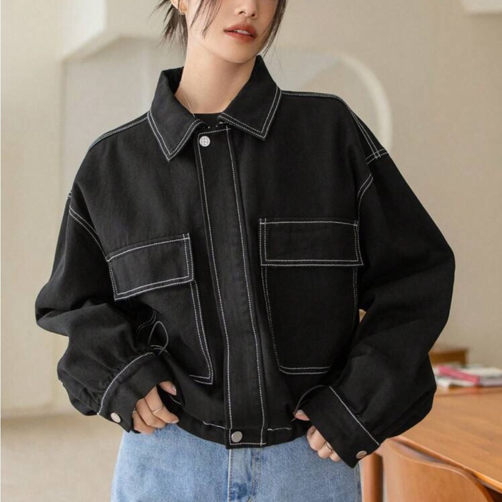 Dazy stitching design turn-down collar zip up Black Denim Jacket - Large